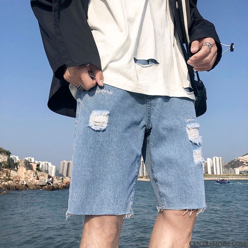 Shorts Homme Baggy Jeans Été Bord Jambe Droite Troués Bleu