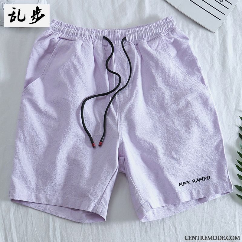 Shorts Homme Cinquième Pantalon Gros Coton Bio Été Décontractée Baggy Violet Clair