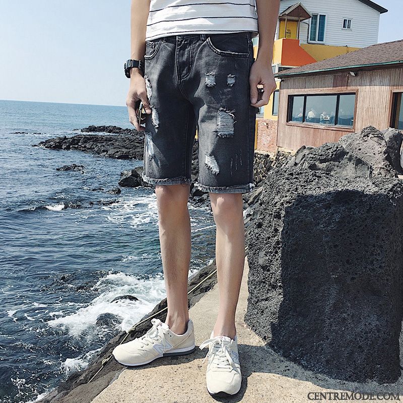 Shorts Homme Des Trous Dans Les Jeans Cinquième Pantalon Été Tendance Baggy Légère Blanc Noir