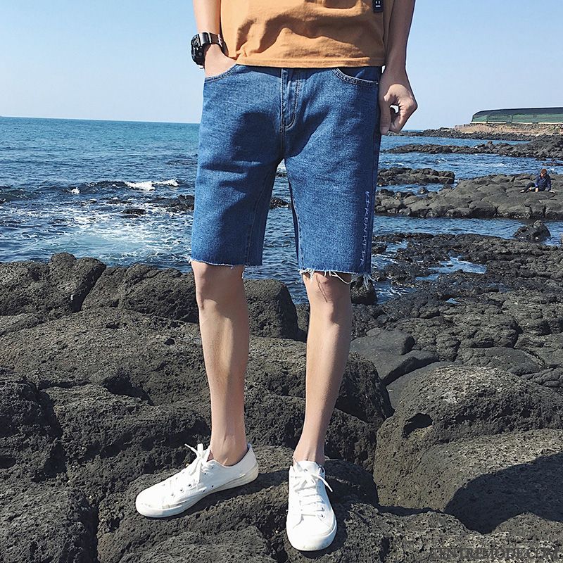 Shorts Homme Des Trous Dans Les Jeans Cinquième Pantalon Été Tendance Baggy Légère Blanc Noir