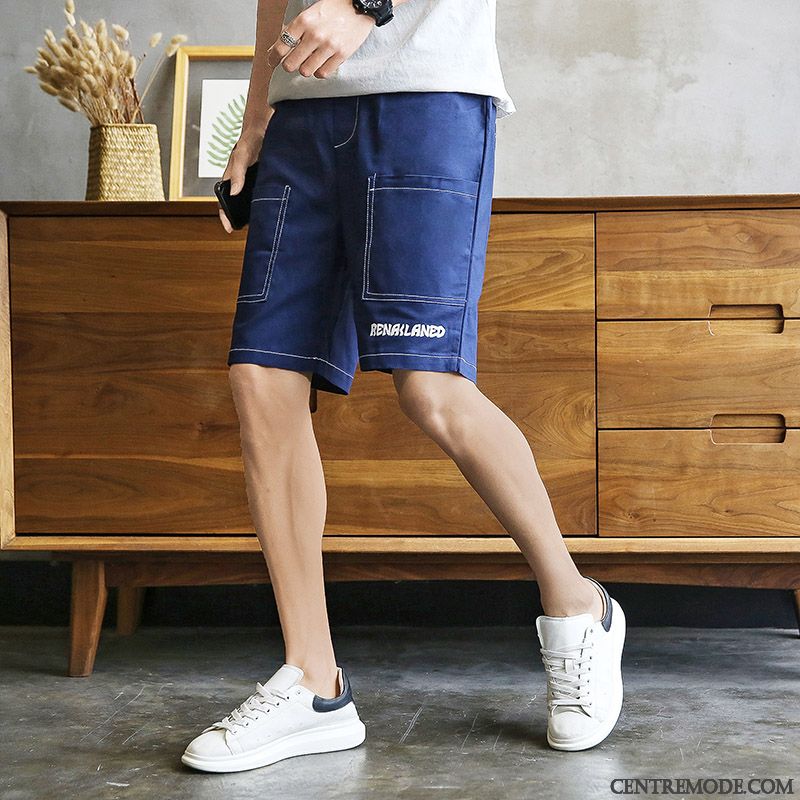 Shorts Homme Décontractée Jambe Droite Cinquième Pantalon Été Marque De Tendance Baggy Impression Bleu