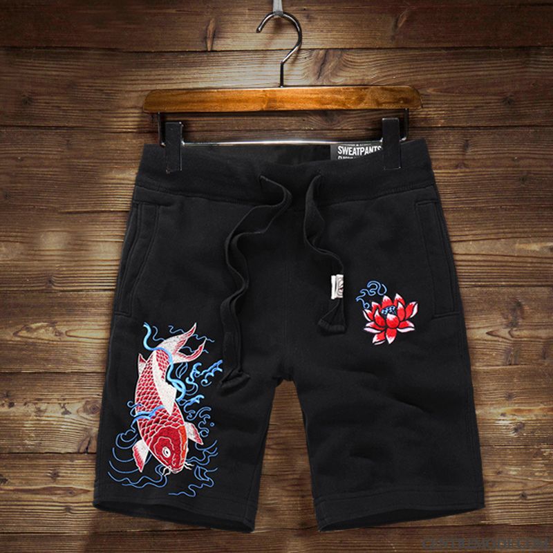 Shorts Homme Jeunesse Décontractée Sport Pantalons Broderie Cinquième Pantalon Noir