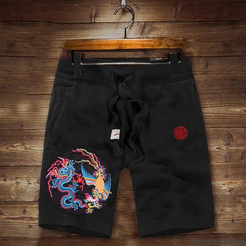 Shorts Homme Jeunesse Décontractée Sport Pantalons Broderie Cinquième Pantalon Noir
