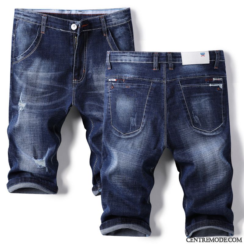 Shorts Homme Pantalon Slim Baggy Denim Légère Jambe Droite Bleu