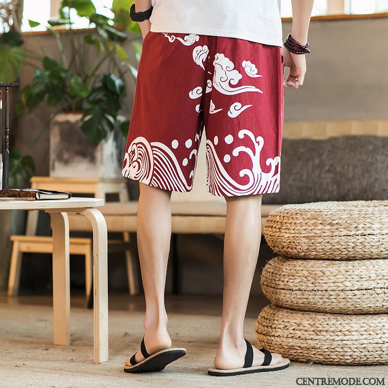 Shorts Homme Plage Style Chinois Jambe Droite Été Cinquième Pantalon Pantalons Impression Bleu