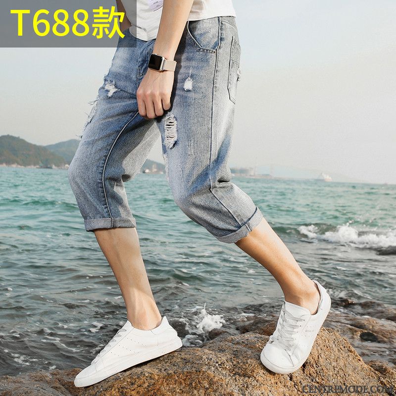 Shorts Homme Troués Denim Été Septième Pantalon Slim Marque De Tendance Noir