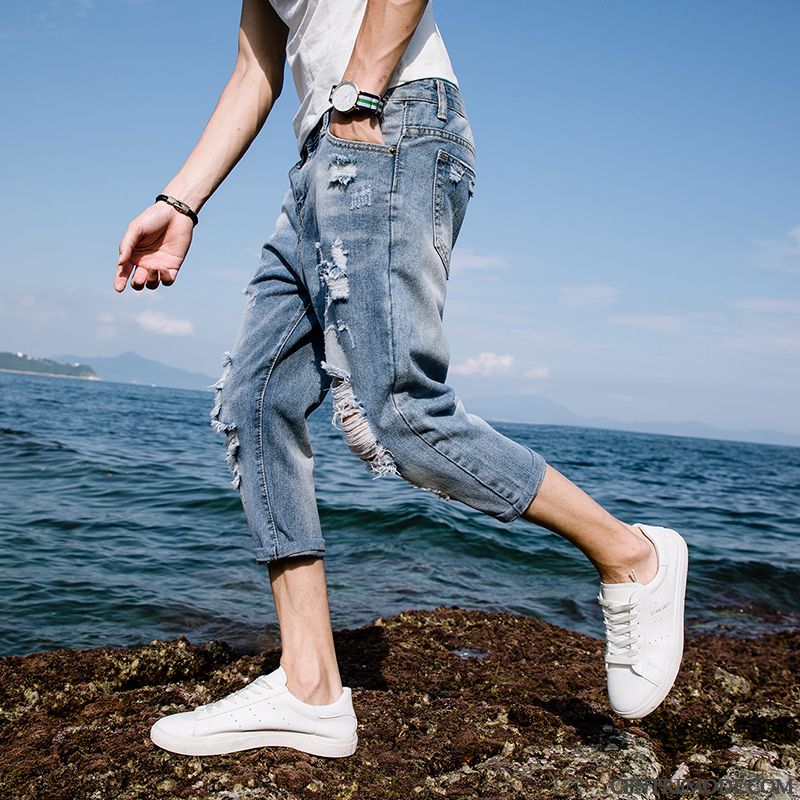 Shorts Homme Troués Denim Été Septième Pantalon Slim Marque De Tendance Noir