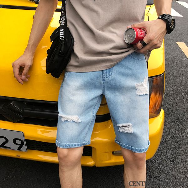 Shorts Homme Troués Pantalon Denim Légère Baggy Été Bleu