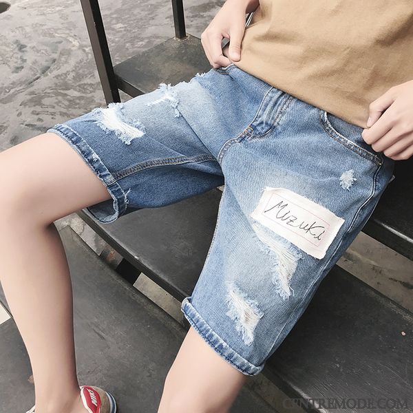 Shorts Homme Troués Pantalon Denim Légère Baggy Été Bleu