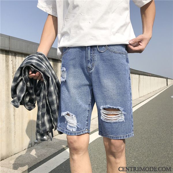 Shorts Homme Troués Pantalon Denim Légère Baggy Été Bleu