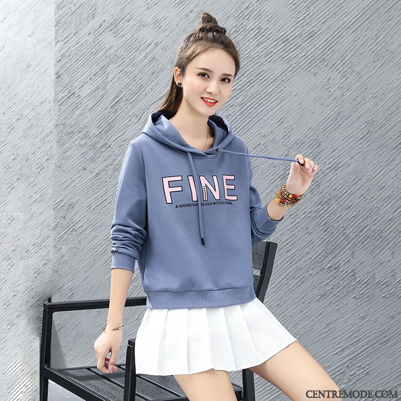 Sweat À Capuche Femme Baggy Court Printemps Hoodies Une Veste Tendance Impression Bleu