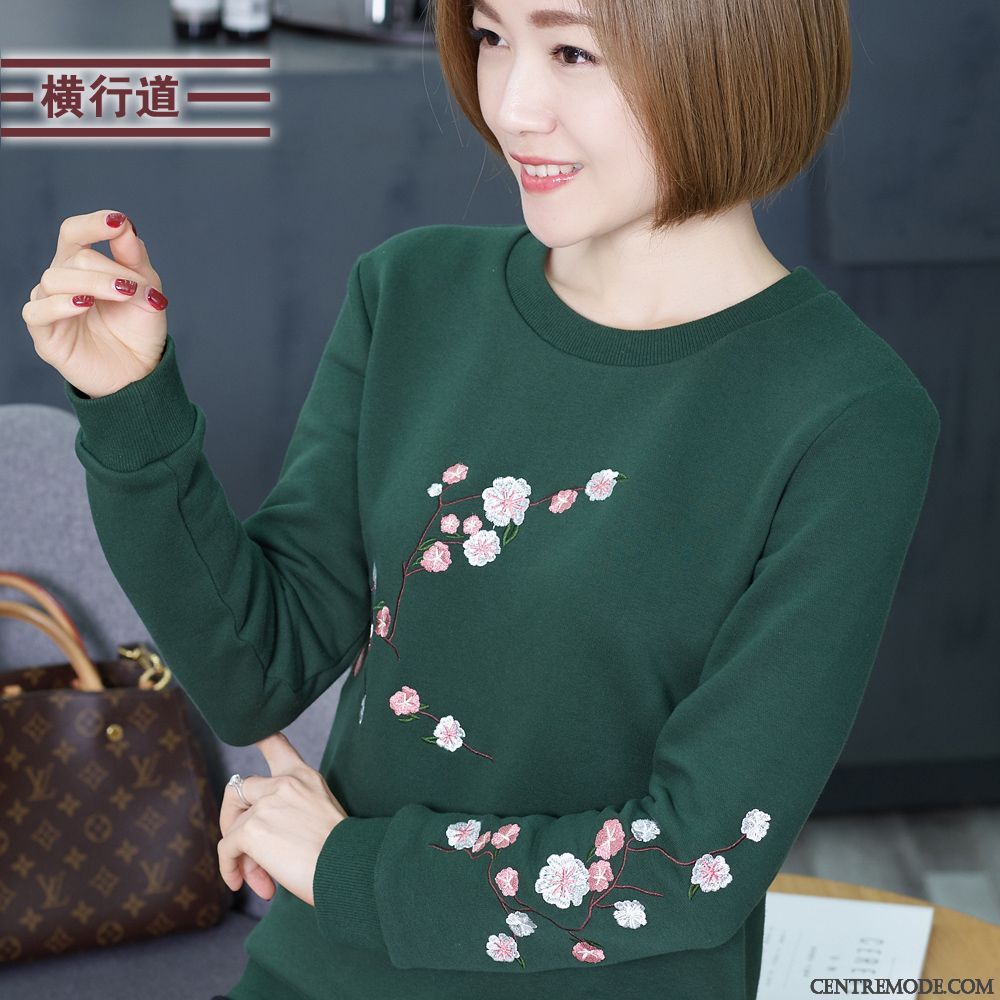 Sweat À Capuche Femme Broderie Dame Printemps Décontractée Épaissir Col Rond Vert