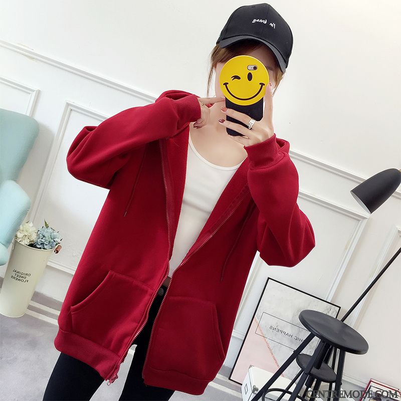 Sweat À Capuche Femme Cardigan Fermeture Éclair Hoodies Baggy Étudiant L'automne Pure Rouge