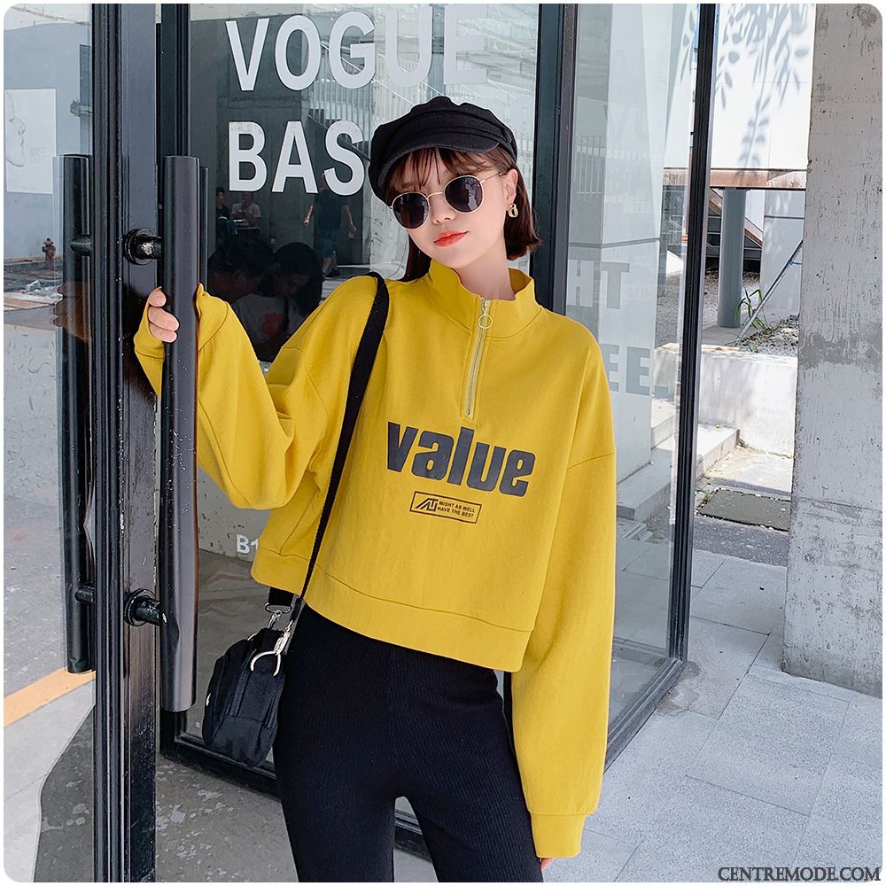 Sweat À Capuche Femme Col Mandarin Longues Hoodies Baggy Court L'automne Impression Jaune
