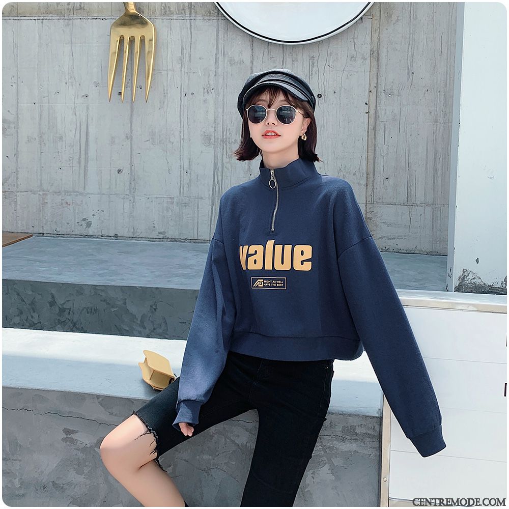 Sweat À Capuche Femme Col Mandarin Longues Hoodies Baggy Court L'automne Impression Jaune