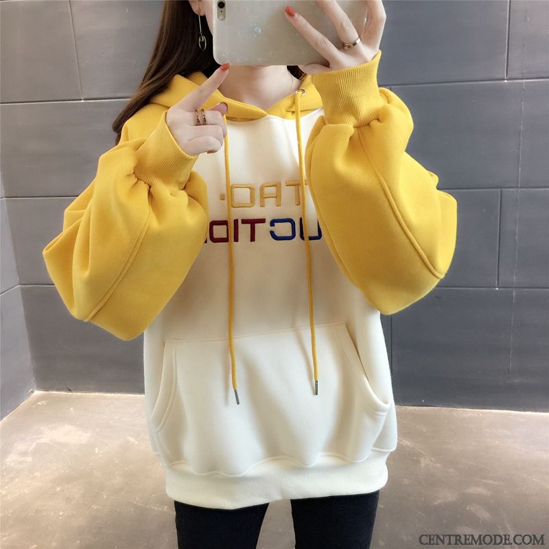 Sweat À Capuche Femme Hiver Baggy Plus De Velours Frais Étudiant Une Veste Jaune