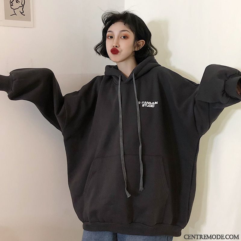Sweat À Capuche Femme Lettre Longues Hoodies Tendance L'automne Une Veste Impression Gris