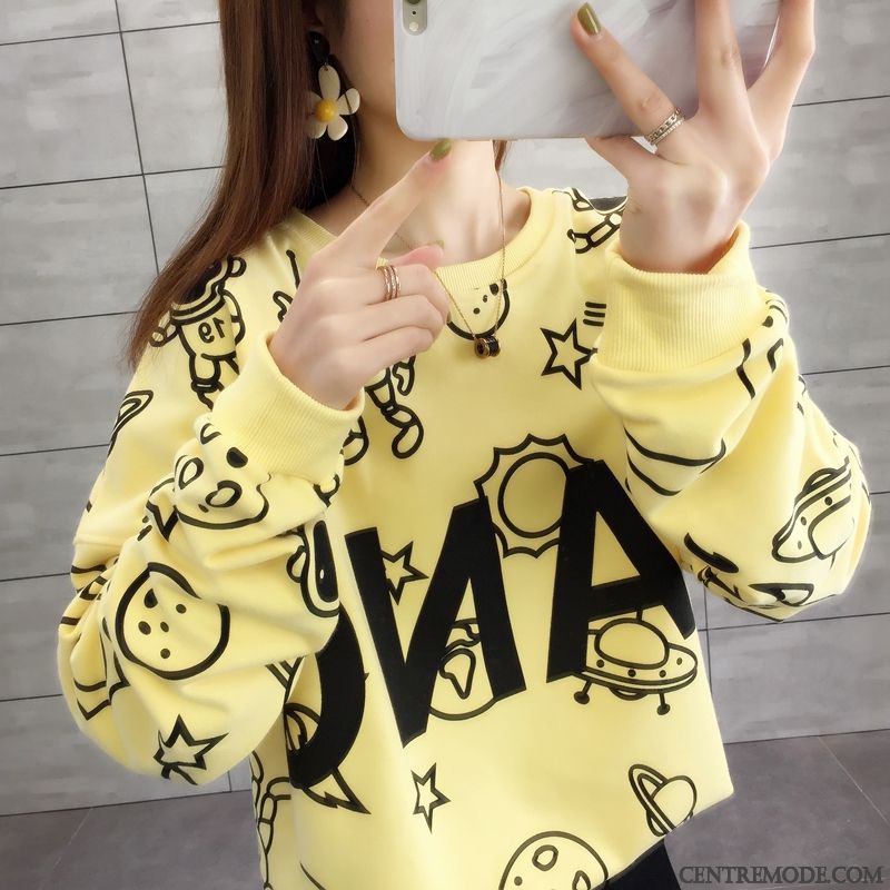 Sweat À Capuche Femme Lettre Pullovers Col Rond Hoodies Mode Printemps Jaune