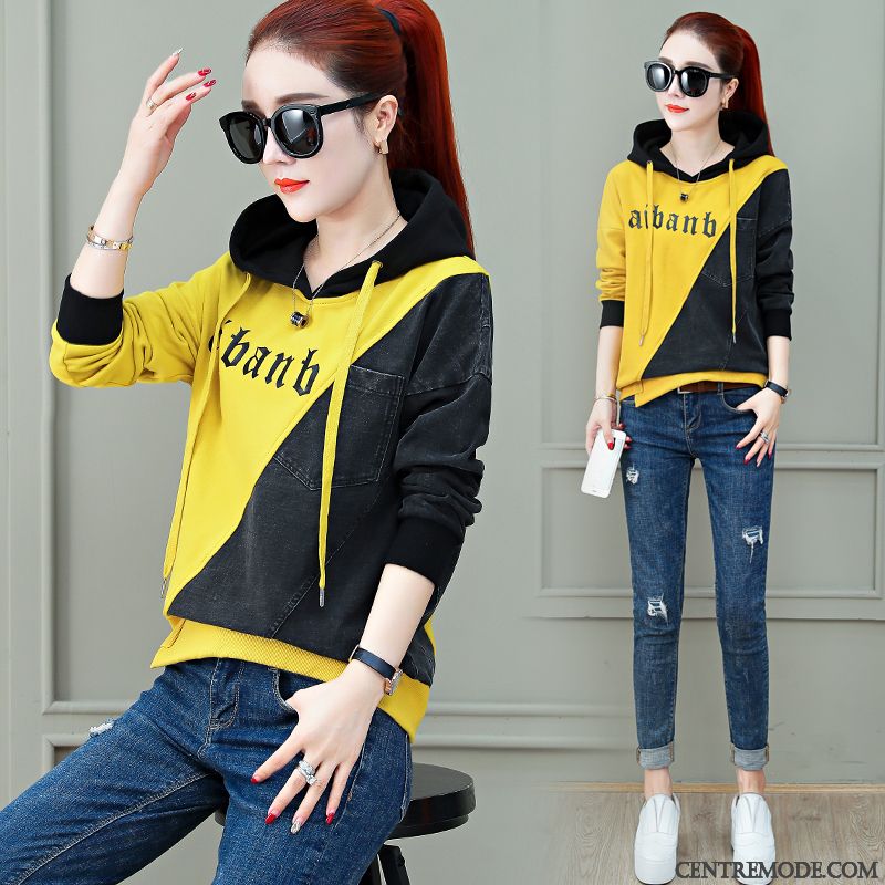 Sweat À Capuche Femme Manteau Gros Décontractée Légère Épissure Baggy Jaune