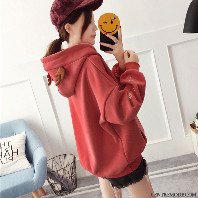 Sweat À Capuche Femme Plus De Velours Hoodies Hiver Longues Épaissir Manteau Rouge