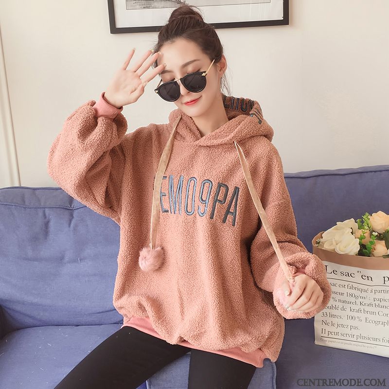 Sweat À Capuche Femme Pullovers Épaissir L'automne Manteau Baggy Plus De Velours Rouge Rose