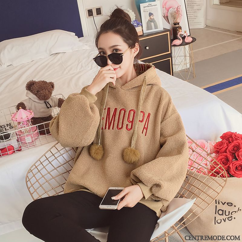 Sweat À Capuche Femme Pullovers Épaissir L'automne Manteau Baggy Plus De Velours Rouge Rose