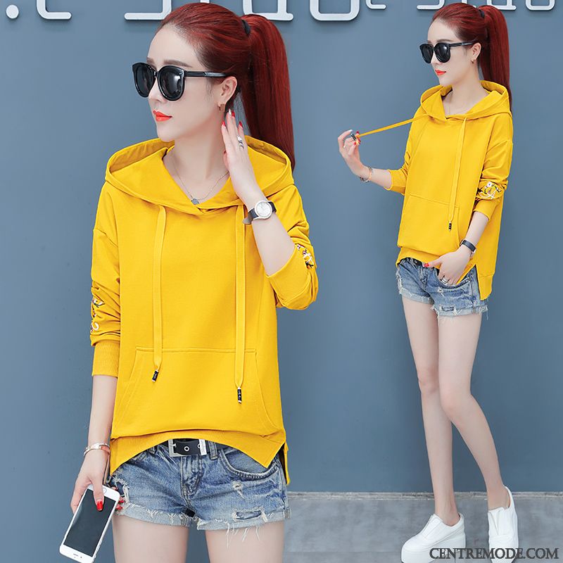 Sweat À Capuche Femme Une Veste Broderie L'automne Décontractée Manteau Longue Jaune
