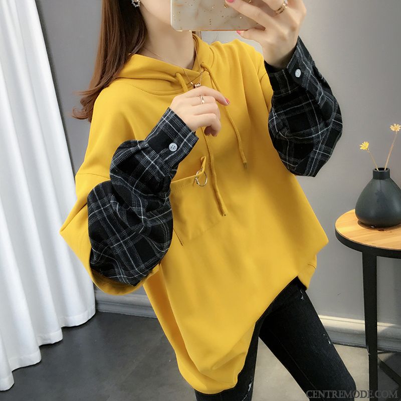 Sweat À Capuche Femme Épissure Hoodies Une Veste Baggy Tendance Pullovers Jaune