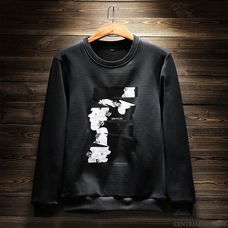 Sweat À Capuche Homme Beau Col Rond Hiver Étudiant Longues Pullovers Noir