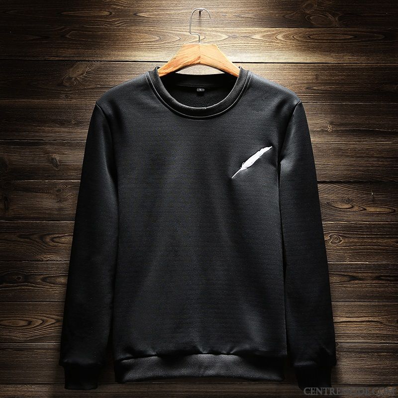 Sweat À Capuche Homme Beau Col Rond Hiver Étudiant Longues Pullovers Noir