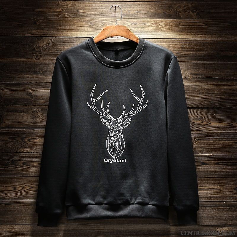 Sweat À Capuche Homme Beau Col Rond Hiver Étudiant Longues Pullovers Noir