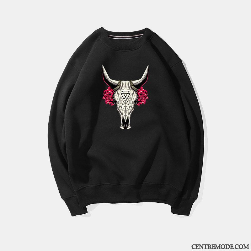 Sweat À Capuche Homme Tendance Col Rond Étudiant Décontractée Mince Rétro Impression Blanc