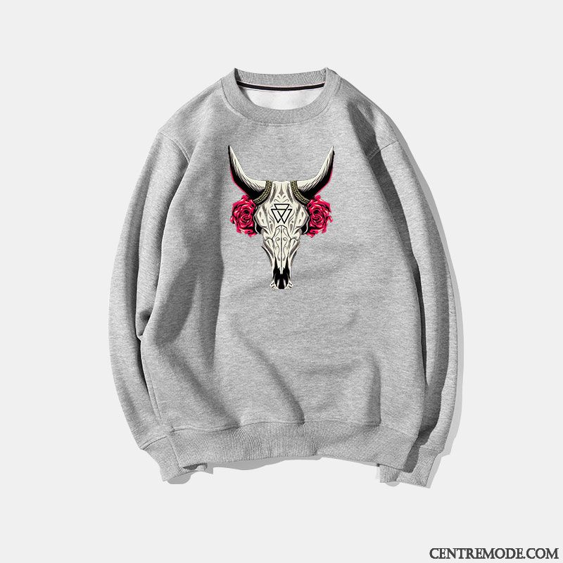 Sweat À Capuche Homme Tendance Col Rond Étudiant Décontractée Mince Rétro Impression Blanc