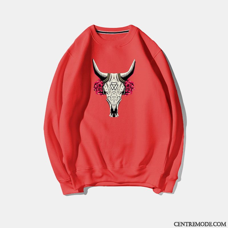 Sweat À Capuche Homme Tendance Col Rond Étudiant Décontractée Mince Rétro Impression Blanc