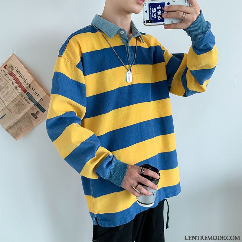 Sweat À Capuche Homme Une Veste Longues Marque De Tendance Rétro Rayé Beau Jaune