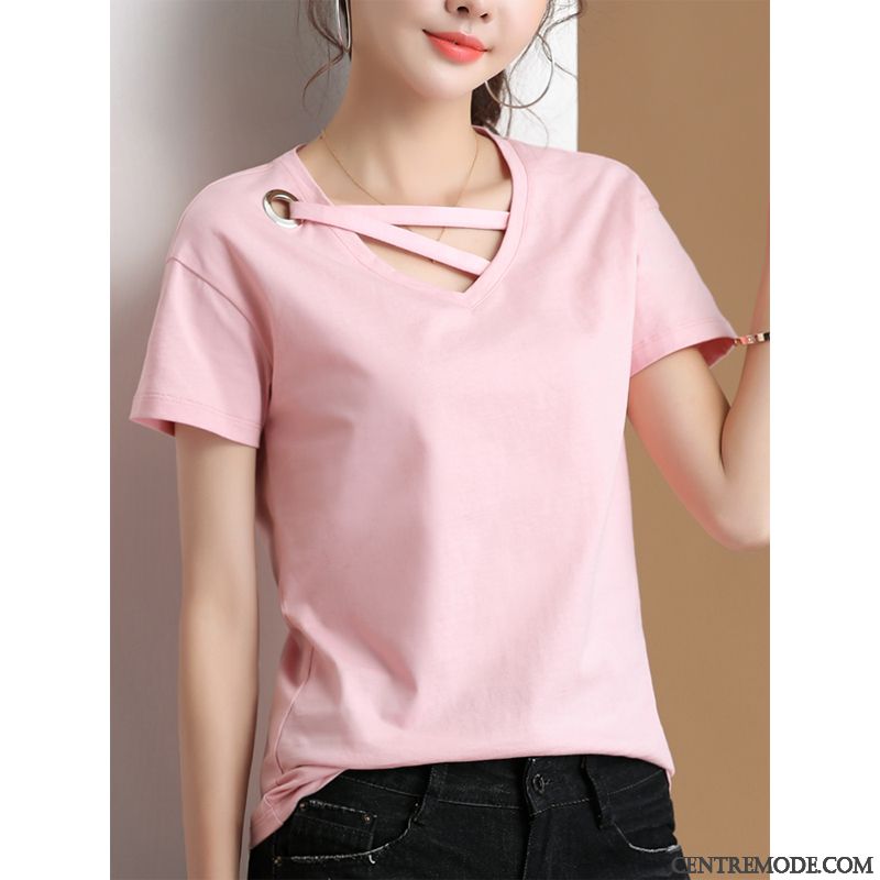 T-shirts Femme Baggy Col V Ultra Coton Bio Été Chemise En Bas Rose