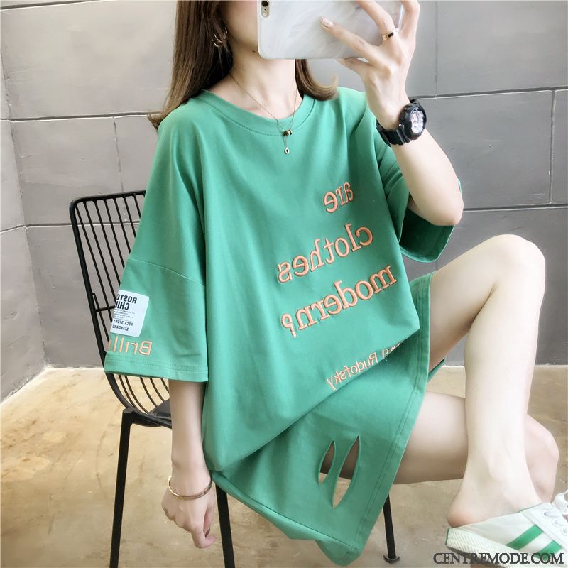T-shirts Femme Brodé Été Courte Une Veste Longue Chemise En Bas Vert