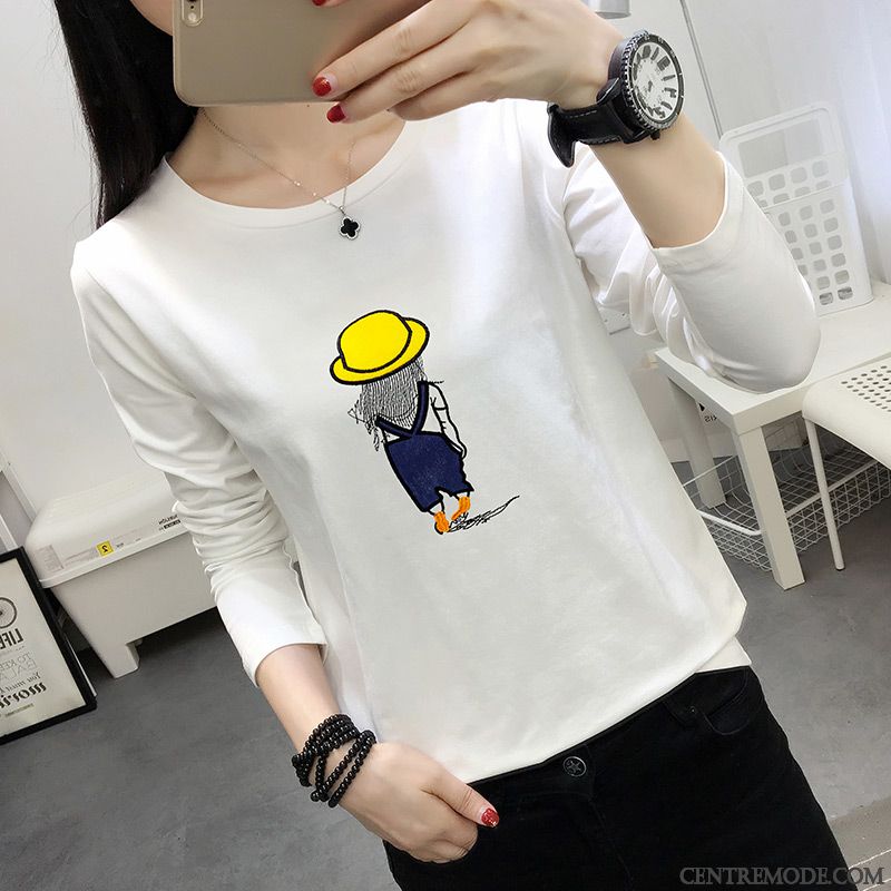 T-shirts Femme Chemise En Bas Mince Printemps Broderie T-shirt Long Coton Bio Rouge