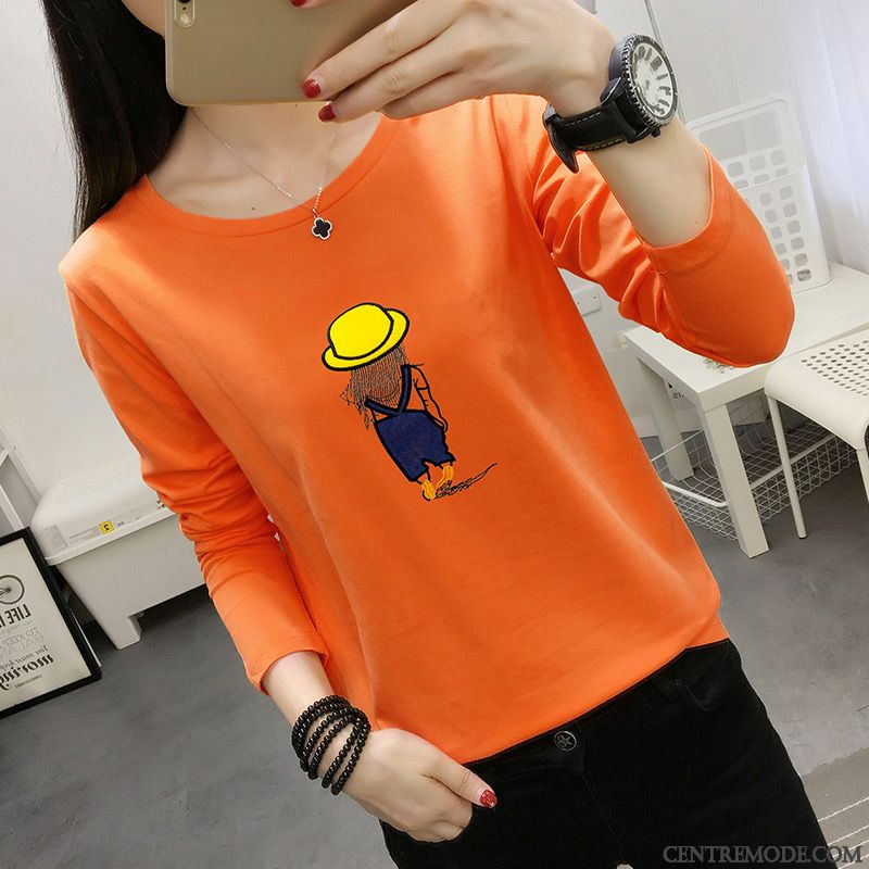 T-shirts Femme Chemise En Bas Mince Printemps Broderie T-shirt Long Coton Bio Rouge