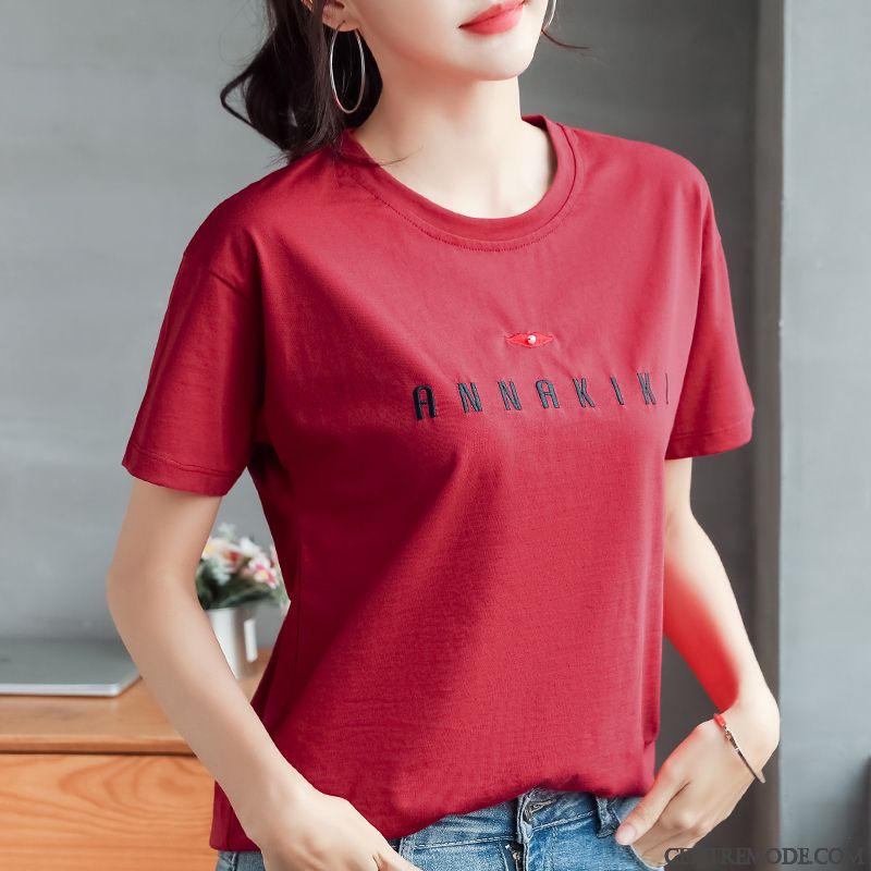 T-shirts Femme Coton Bio Été Baggy Une Veste Ultra Col Rond Rouge