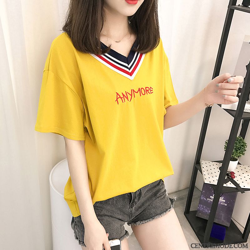 T-shirts Femme Courte Baggy Tendance Rayé Été Coton Bio Jaune