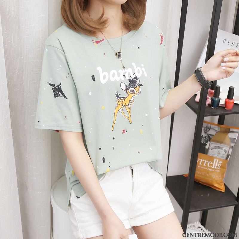 T-shirts Femme Courte Baggy Tendance Rayé Été Coton Bio Jaune