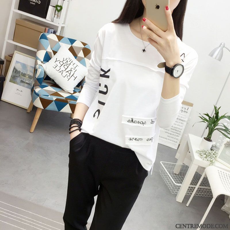 T-shirts Femme Mince Outwear Baggy T-shirt Long L'automne Étudiant Blanc Rose