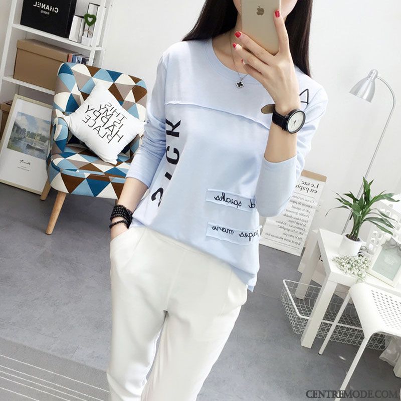 T-shirts Femme Mince Outwear Baggy T-shirt Long L'automne Étudiant Blanc Rose