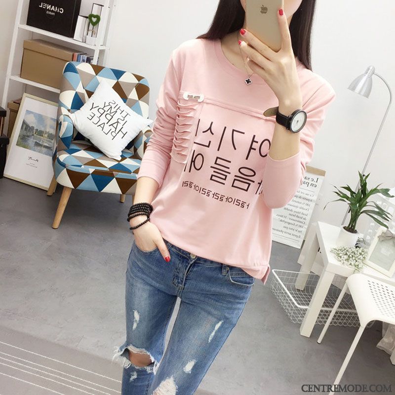 T-shirts Femme Mince Outwear Baggy T-shirt Long L'automne Étudiant Blanc Rose