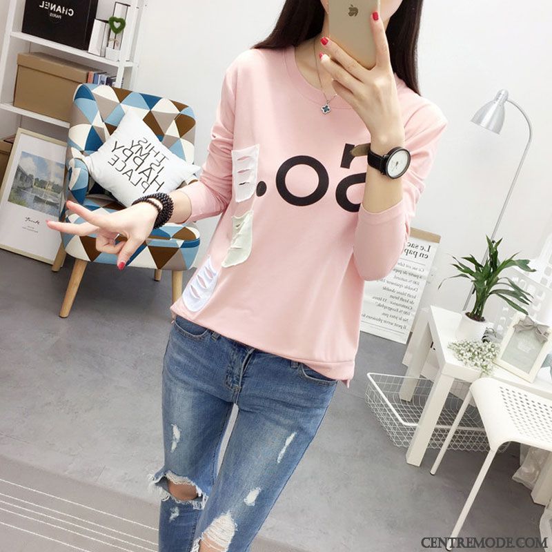 T-shirts Femme Mince Outwear Baggy T-shirt Long L'automne Étudiant Blanc Rose