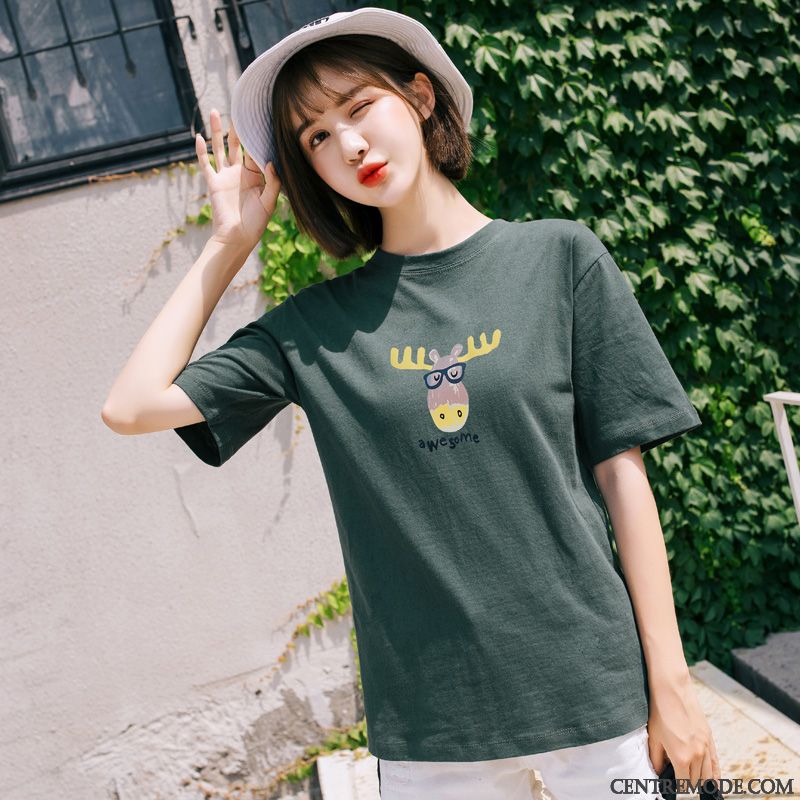 T-shirts Femme Une Veste Coton Bio Baggy Demi Manche Tendance Été Vert