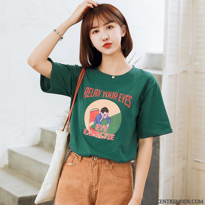 T-shirts Femme Une Veste Coton Bio Baggy Demi Manche Tendance Été Vert