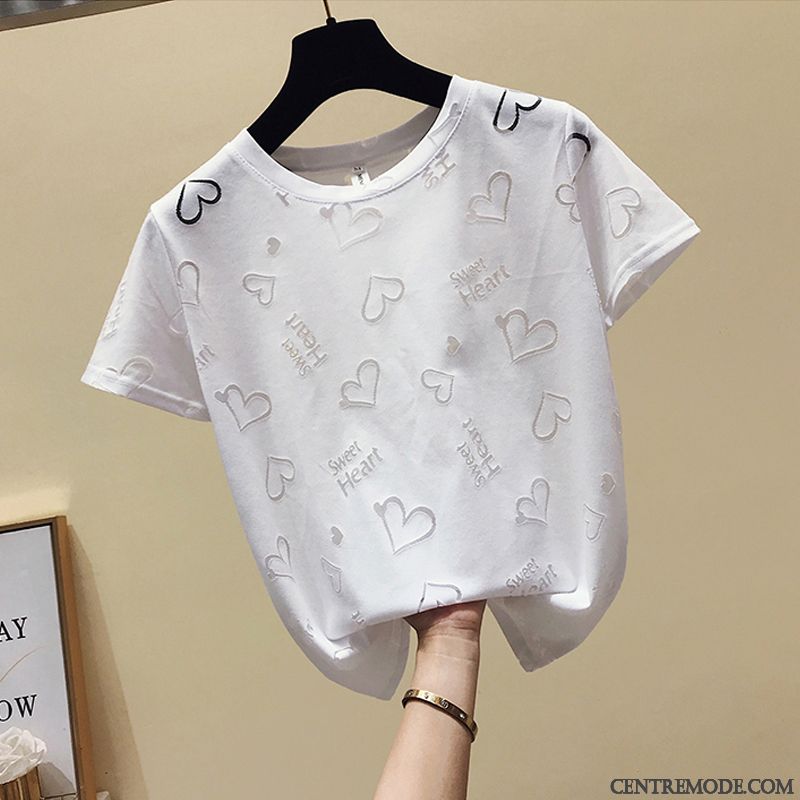 T-shirts Femme Été Broderie Désign Chemise En Bas Creux Guipure Une Veste Blanc