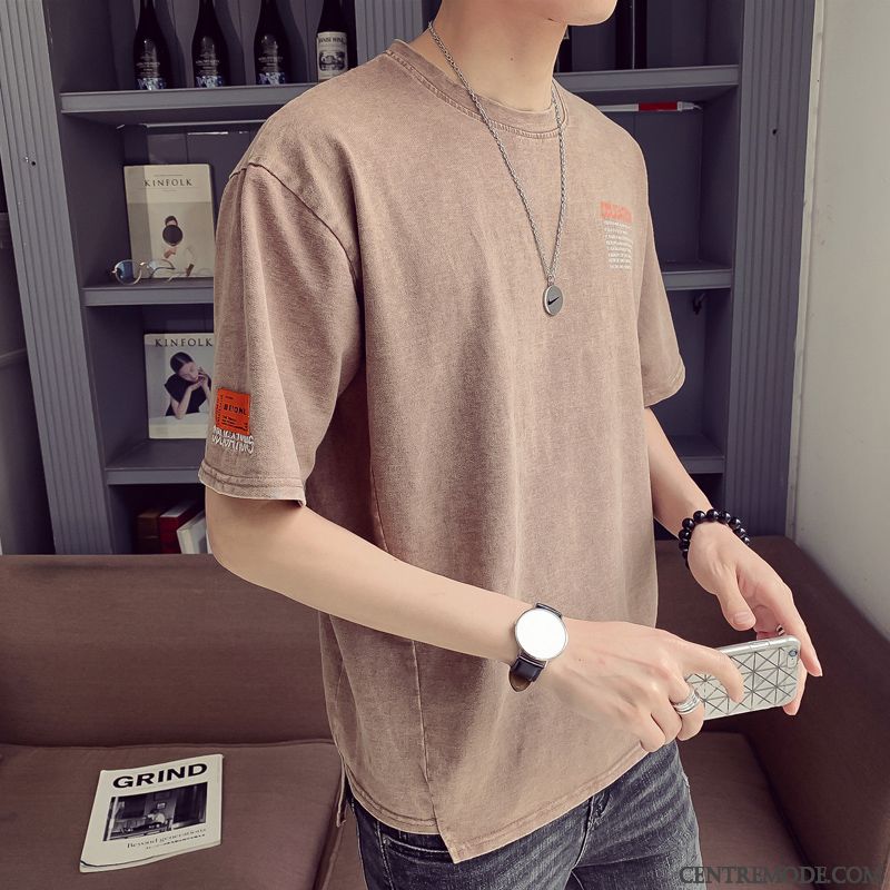 T-shirts Homme Baggy Jeunesse Col Rond Tendance Étudiant Demi Manche Blanc